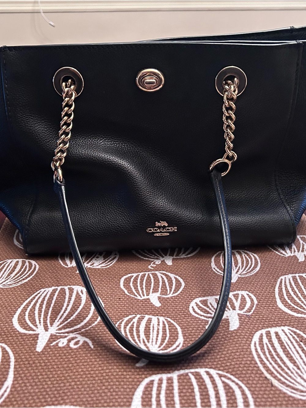 Coach Black Leather Tote with Gold Chain Handles